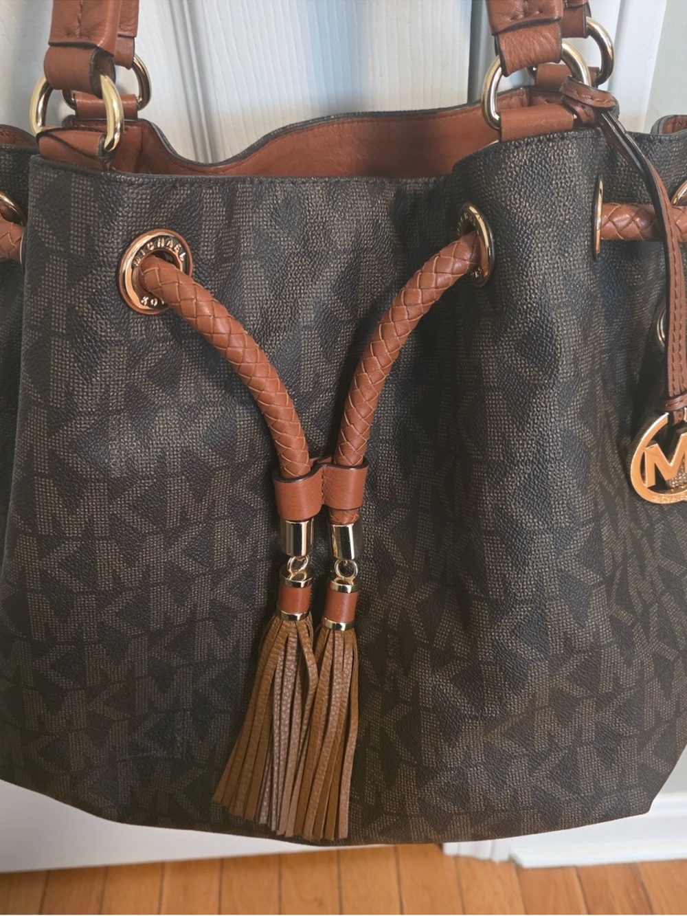 EUC Michael Kors Brown Monogram Drawstring Shoulder Bag with Tassels